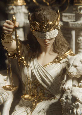 Lady Justice with Scales and Lions