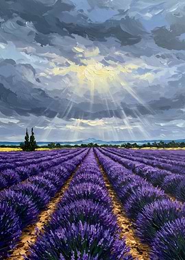 Lavender Field Under Dramatic Sky Painting