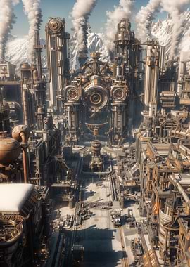 Steampunk Industrial Cityscape with Snowy Mountains