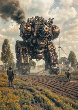 Steampunk Mech in Rural Landscape