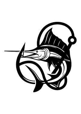 Marlin and Fishing Hook Black Silhouette