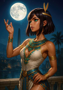 Emerald-Eyed Egyptian Queen Beneath the Moonlit Obelisk