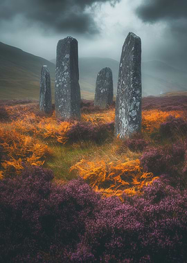 Standing Stones in Misty Landscape