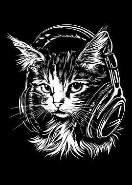 Cat with Headphones Black and White