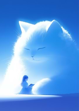 Girl reading with giant cat