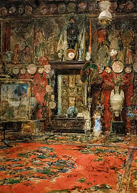 Cluttered Interior Painting with Red Rug
