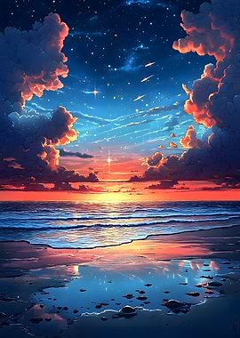 Ocean Sunset with Starry Sky