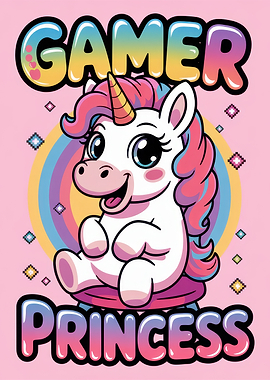 Gamer Princess Unicorn Cartoon Illustration