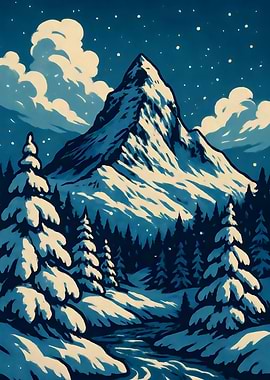 Snowy Forest Stream – Retro Winter Landscape Illustration