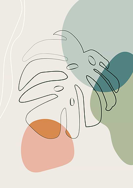 Monstera Leaf Line Art with Shapes