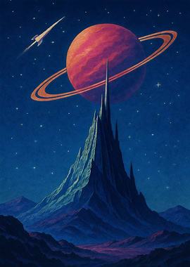 Ringed Planet & Space Spire – Retro Sci-Fi Illustration