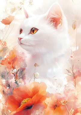 White Cat in Floral Watercolor