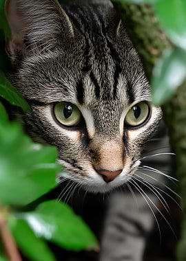 Tabby Cat Peeking Through Greenery