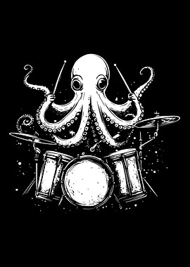 Octopus Drummer Black and White Art