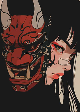Girl with Oni Mask Digital Art