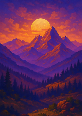 Sunset Over Mountains – Vibrant Landscape Illustration