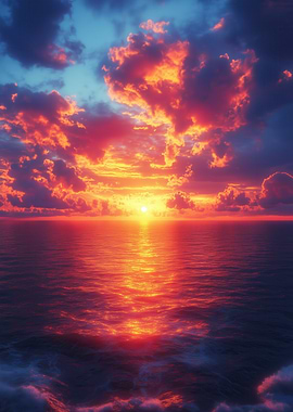 Ocean Sunset with Fiery Clouds