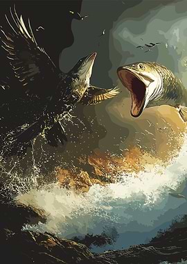 Fish and Bird Battle Illustration