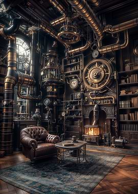Steampunk Library Interior with Armchair