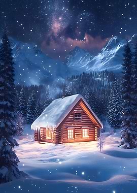 Winter Cabin Under Starry Night