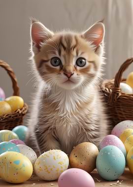 Cute Kitten with Easter Eggs