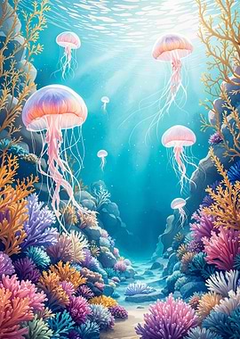 Jellyfish Swimming Over Coral Underwater Scene Marine Life