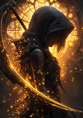 Hooded Figure with Scythe and Golden Light