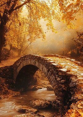 Autumn Stone Bridge Over Stream