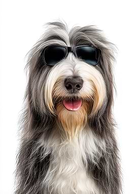 Cool Bearded Collie Dog with Sunglasses Portrait