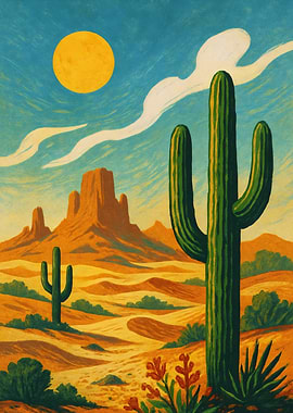 Sunny Desert Cactus – Retro Southwest Landscape Illustration