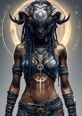 Cyberpunk Warrior Woman with Horned Helmet