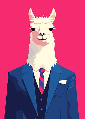 Llama in Suit and Tie Fashion Portrait Minimalist Art Illustration