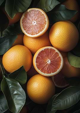 Fresh Blood Oranges and Green Leaves