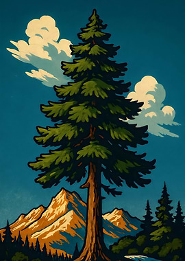 Lone Pine Tree – Retro Nature Illustration with Mountains