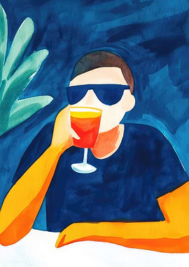 Man Drinking Cocktail Watercolor Illustration