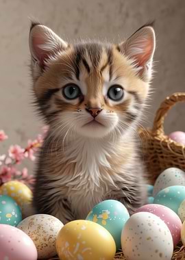 Cute Kitten with Easter Eggs