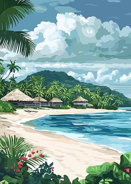 Tropical Beach with Thatched Roof Huts
