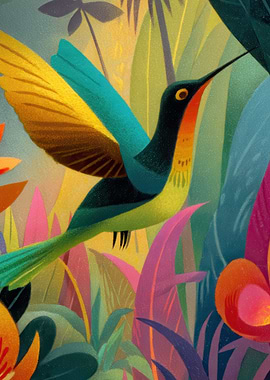 Hummingbird in Tropical Foliage Illustration