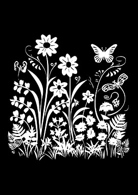 White Floral and Butterfly Illustration