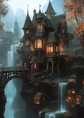 Fantasy Village with Waterfalls and Castle