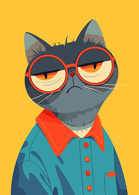 Funny Tired Cat with Glasses Illustration Art