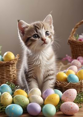 Kitten with Easter Eggs and Baskets