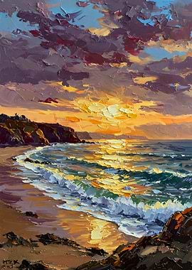 Impressionistic Seascape Painting at Sunset