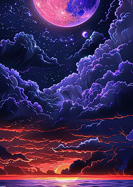 Fantasy Sky with Planets and Clouds