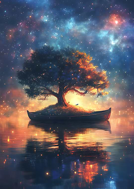 Tree on Boat Under Starry Sky