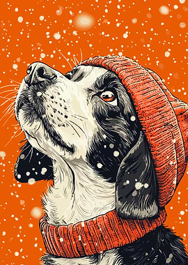 Adorable Winter Dog in Winter Hat Minimalist Art Illustration