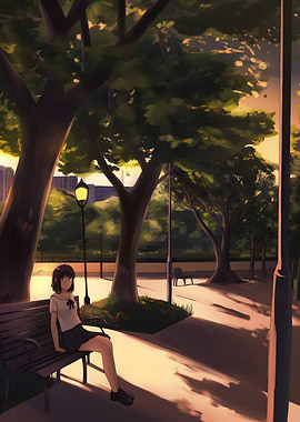 Girl on bench in park illustration