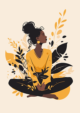 Meditative Woman in Floral Background Autumn Boho Minimalist Art Illustration