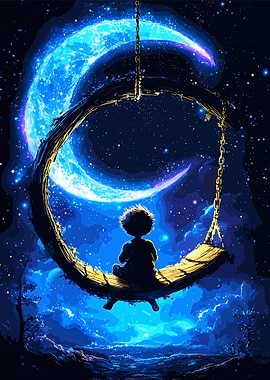 Boy on Moon Swing in Night