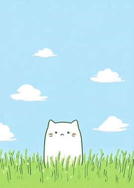 Cute White Cat in Grassy Field